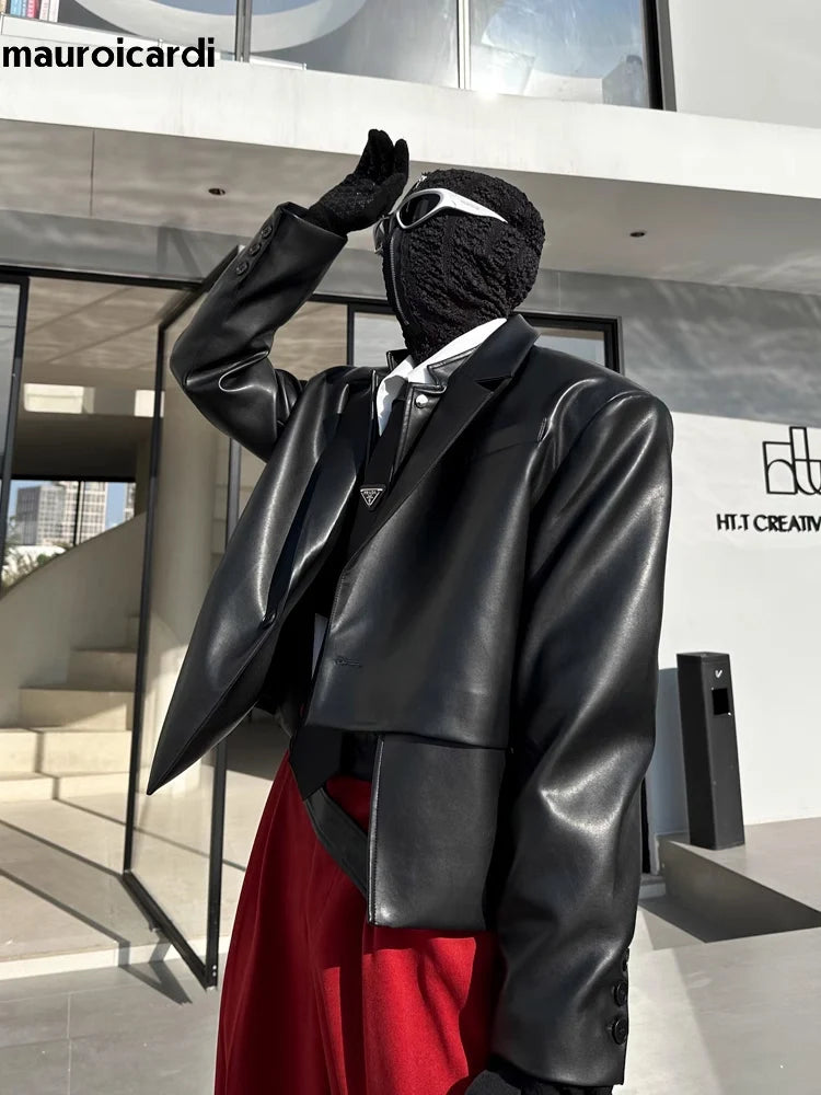 Mauroicardi Herren PU Lederblazer Kurz &amp; Locker – Chaqueta informal de diseño en negro o lila, weiche Lederoptik für Frühling &amp; Herbst