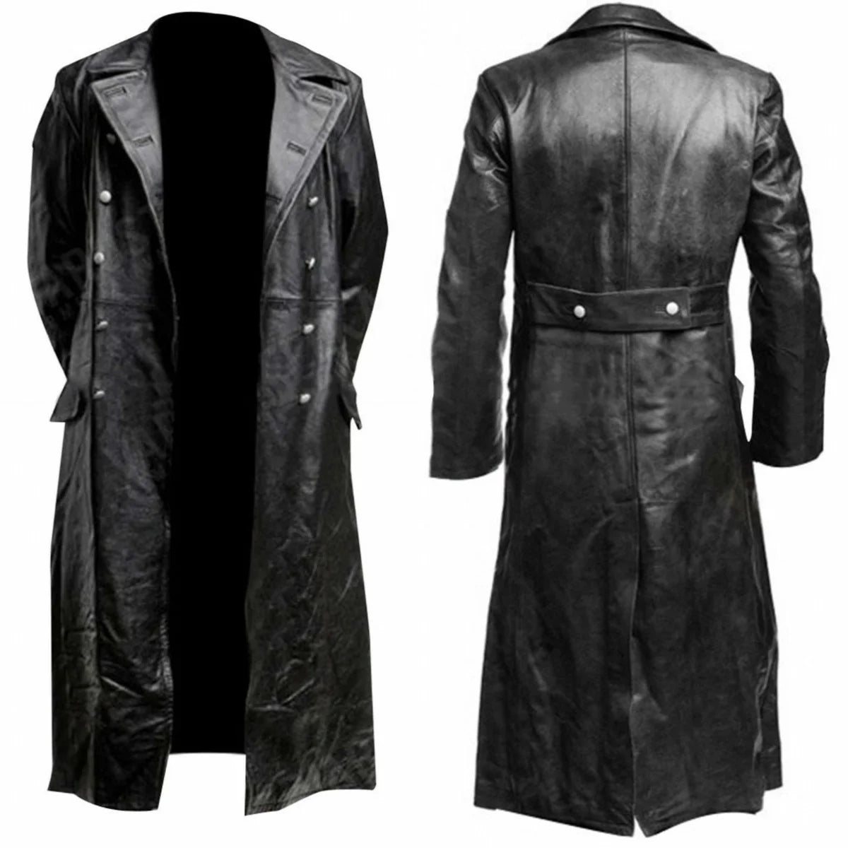 Klassischer Herren Leder-Trenchcoat im Militärstil – Schwarzer Gothic Mantel aus Kunstleder für Frühling & Herbst