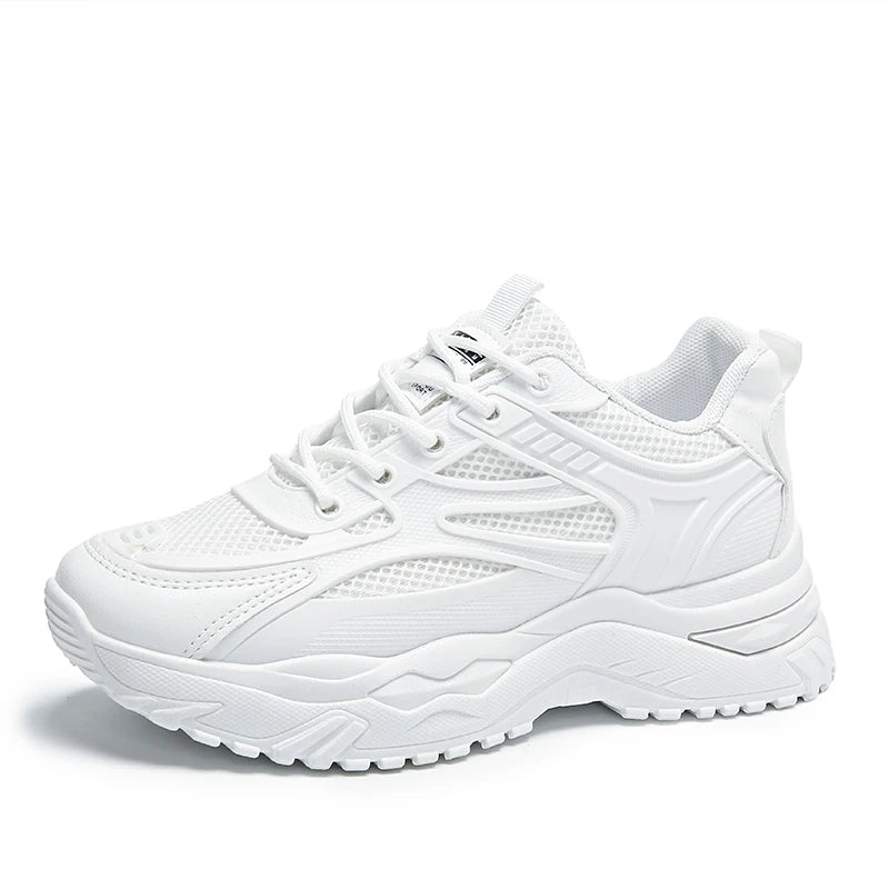 Weiße Damen Chunky Sneaker 2024 – Modische Leder-Sneakers mit dicker Sohle, Bequeme Sport- & Freizeit Schuhe mit Plateau für Frühling & Herbst