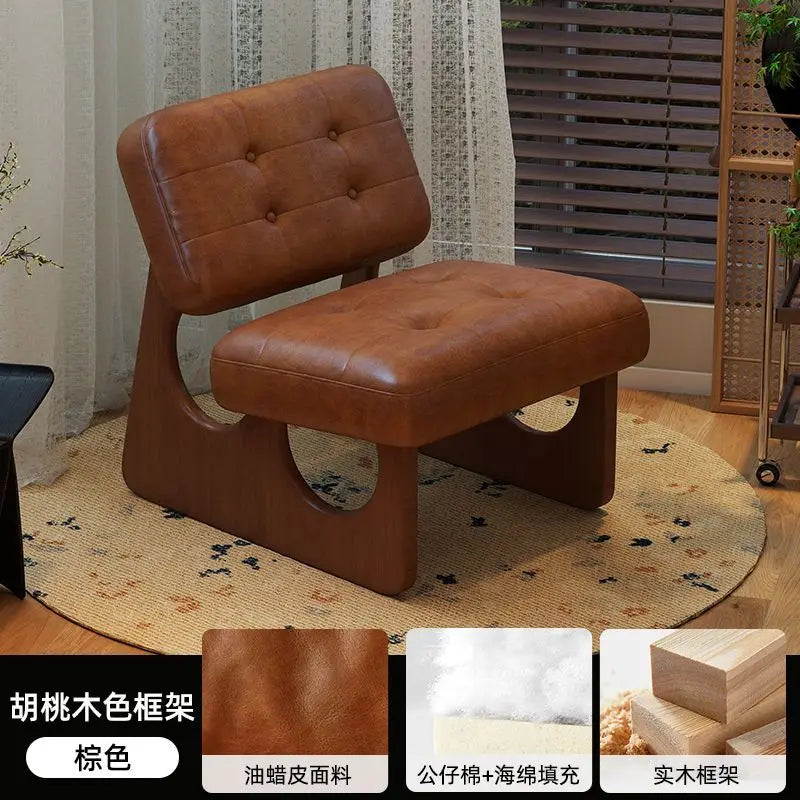 Massivholz Einzelsessel im asiatisch-nordischen Stil – Retro Akzentstuhl mit Öl-Wachs-Leder-Optik für entspanntes Wohnen