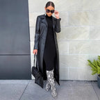 Damen Langer Kunstleder Mantel 2025 – PU Faux Leather Coat mit Reverskragen, Single-Breasted Verschluss & Splice-Design, Y2K Streetwear Jacke