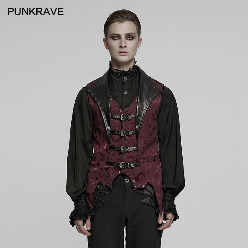 PUNK RAVE Herren Gothic Lederweste – Jacquard Lapel Waistcoat mit Fledermaus-Saum, Edle Slim Fit Weste für Party & Dark Fashion