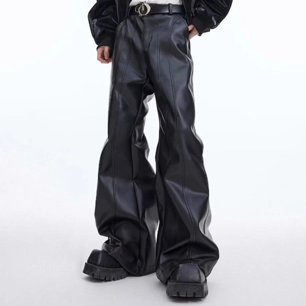 Pantalon en cuir PU pour homme, style déstructuré en trois dimensions, coupe droite, tendance streetwear, style campus, vêtements décontractés pour hommes 