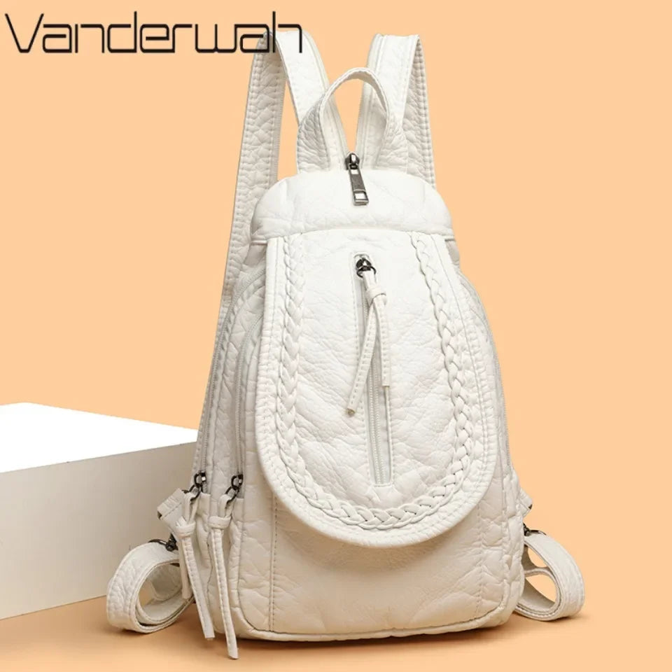 VANDERWAH Damen Rucksack Weiß – Kleiner PU Leder Rucksack mit mehreren Fächern, weich & vielseitig