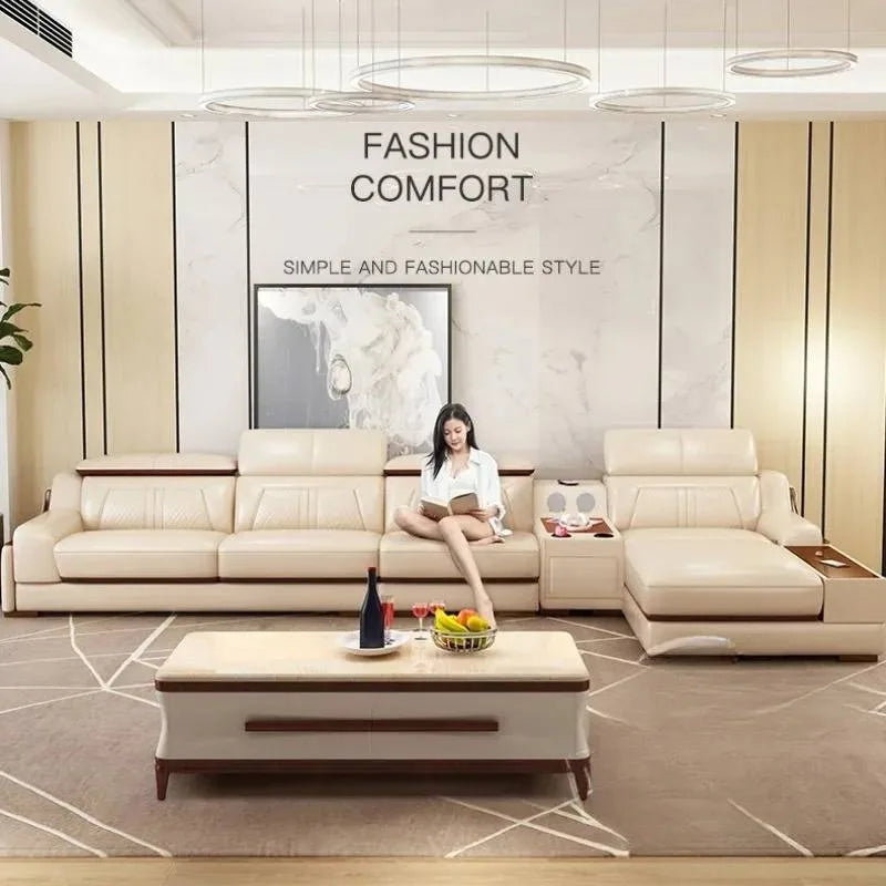 Nordisches Designer Leder Ecksofa – Modernes L-Form Sofa aus echtem Leder mit Relaxfunktion & Stauraum für das Wohnzimmer