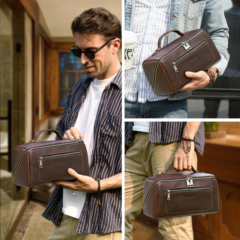 CONTACT'S Herren Kulturbeutel aus echtem Leder – Hochwertige Wash- &amp; Kosmetiktasche mit großer Kapazität