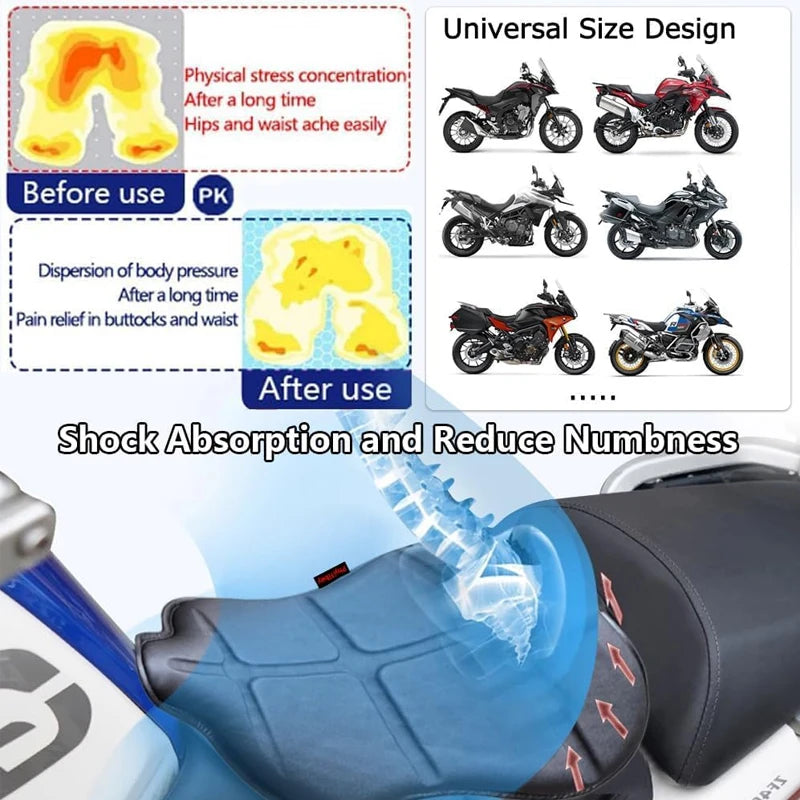 Asientos de gel para motocicletas de cuero: asiento grande con estructura de lavado 3D, protección contra el calor, absorción de agua y agua