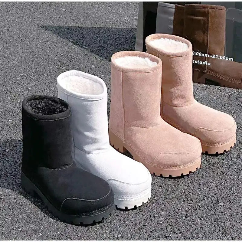 Damen Snow Boots mit dicker Plateausohle – Warme Winterstiefel aus Leder- & Felloptik, gefüttert & wasserdicht, auch in großen Größen