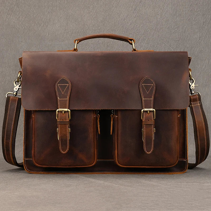 Luufan Vintage Herren Aktentasche aus echtem Crazy-Horse-Leder - Bolsa grande para negocios y portátiles con bolsa de seguridad para 15 pulgadas 