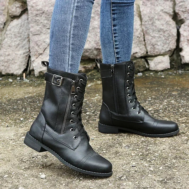 Damen Ankle Boots mit Blockabsatz – PU Leder Stiefeletten mit Schnürung & Reißverschluss, bequeme Herbst-Winter Arbeitsschuhe in großen Größen