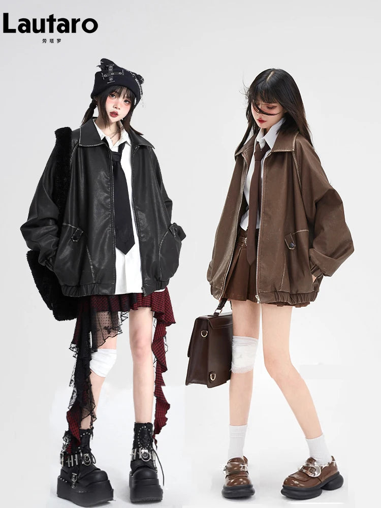 Chaqueta Lautaro de piel sintética suave, negra, desgastada, estilo retro, de gran tamaño, para mujer, con cremallera, estilo Maillard, para primavera y otoño