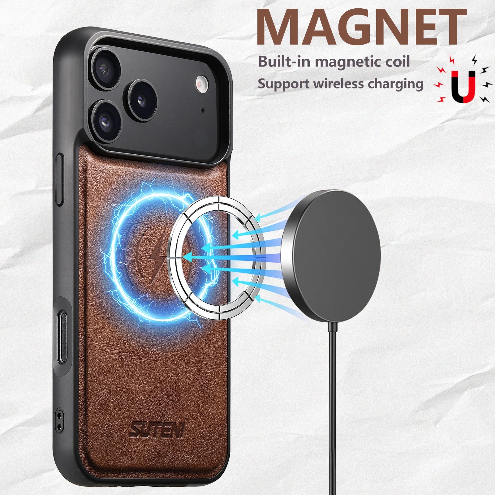 SUTENI Magnetische iPhone Hülle aus Kunstleder – Frosted Feel Case mit kabellosem Laden für iPhone 17 Pro Max, 16 Plus, 15, 14, 13 & 12