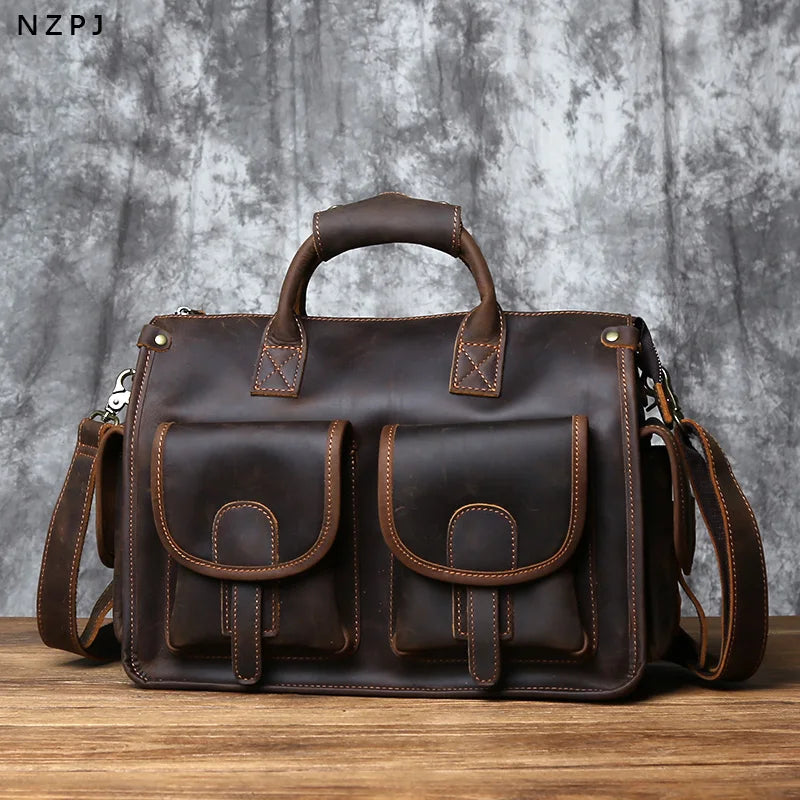 NZPJ Vintage Herren Leder-Aktentasche - Bolso bandolera de piel de vaca Crazy Horse para ordenador portátil, envío y viaje