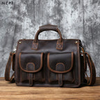 NZPJ Vintage Herren Leder-Aktentasche - Bolso bandolera de piel de vaca Crazy Horse para ordenador portátil, envío y viaje