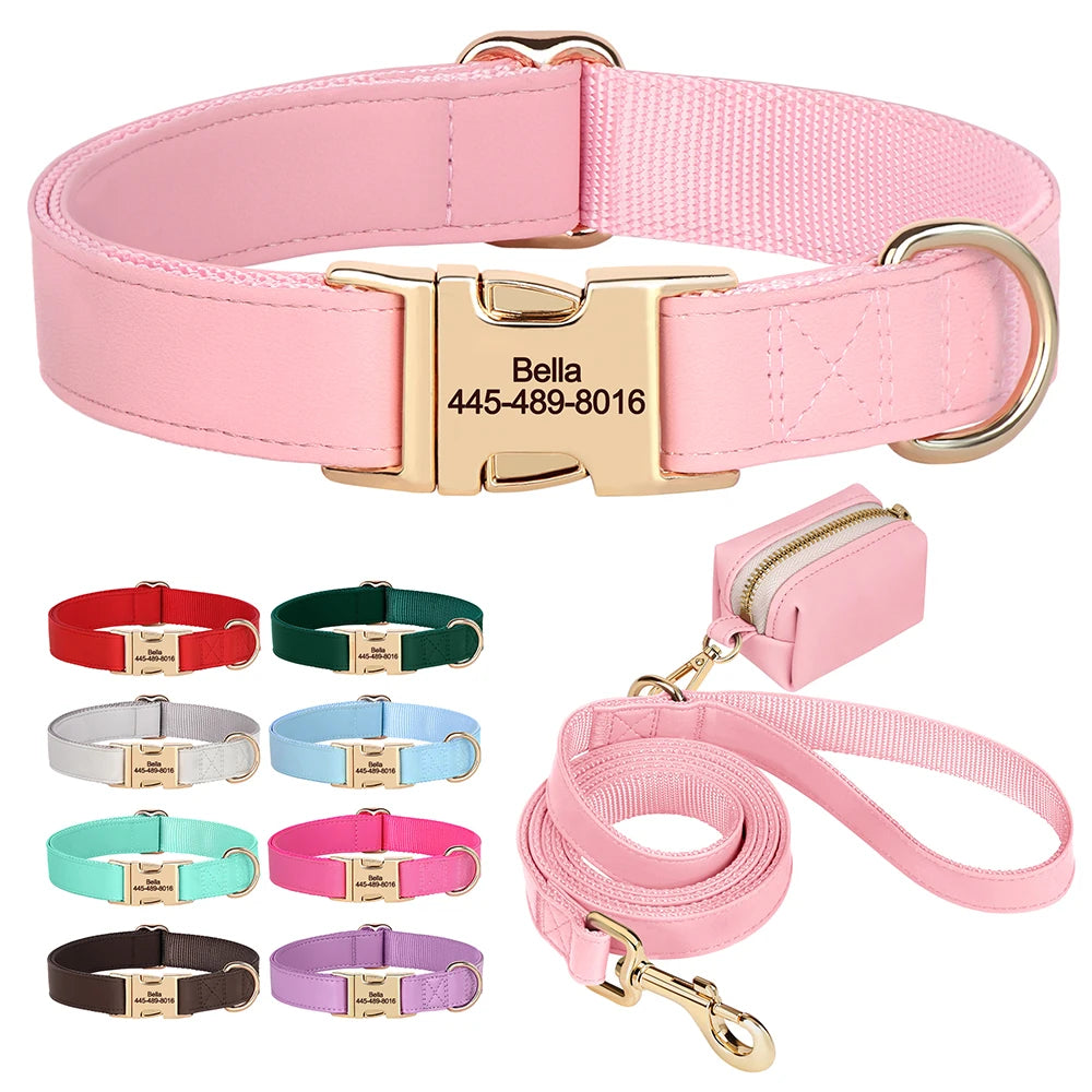 Personalisiertes PU-Leder Hundehalsband- & Leinen-Set mit Kotbeutelhalter – Farbiges Komfort-Set für Hunde & Möpse