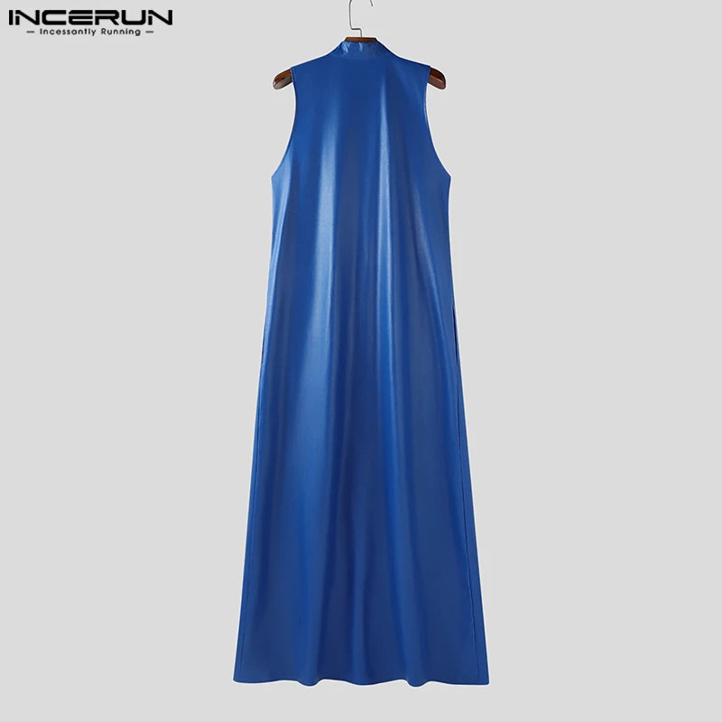 Herren Long Style PU Lederweste – Ärmellose Streetwear Weste mit Stehkragen & offenem Schnitt, modischer Cardigan-Look