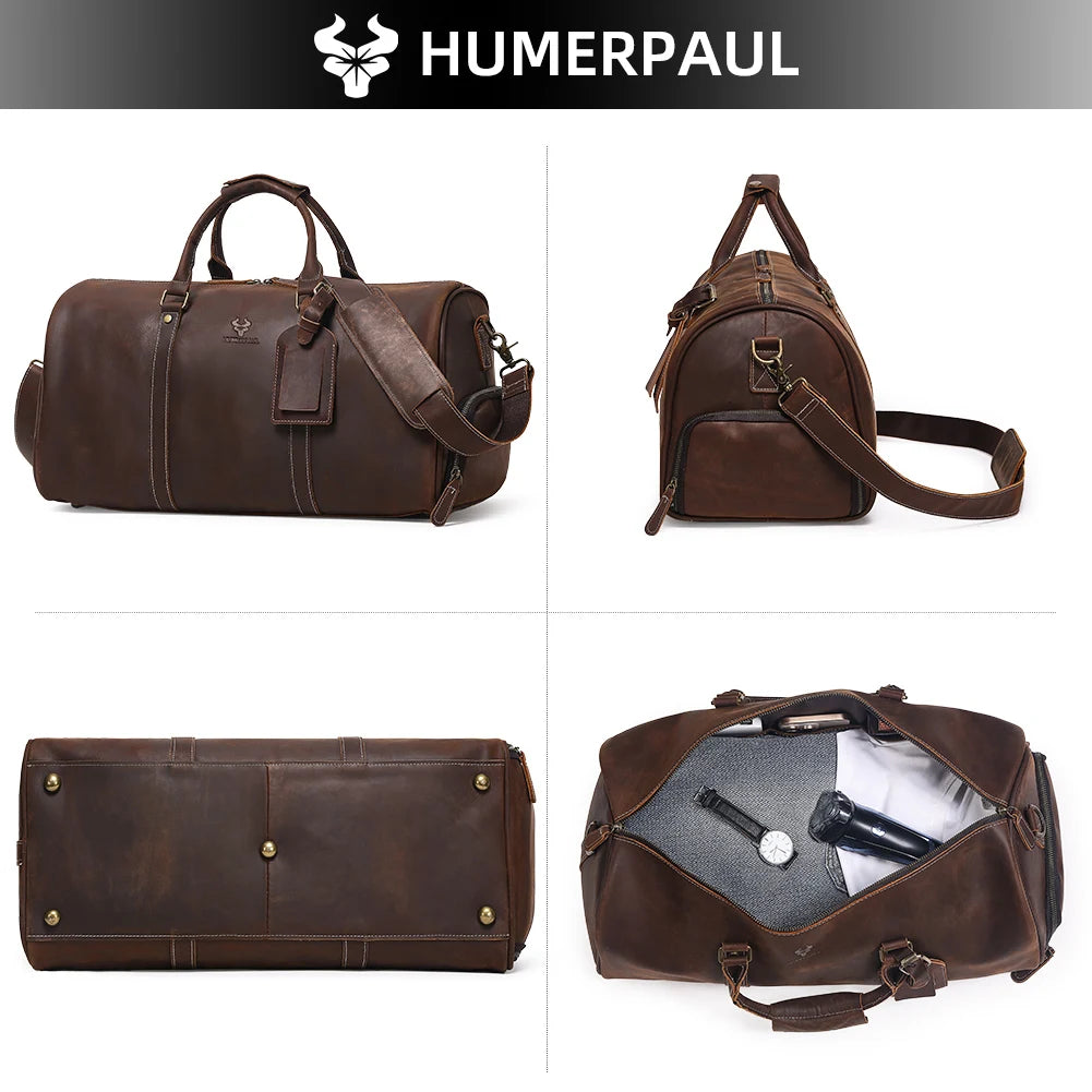 HUMERPAUL Crazy Horse Leder Business Duffle Bag – Große Reisetasche aus Full-Grain Rindsleder mit 15-Zoll Laptopfach & Schuhfach