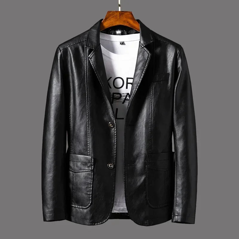Blazer de cuero de PU para hombre 2025 en estilo coreano: chaqueta de cuero de negocios de corte entallado con reverso, abrigo de cuero moderno para mujeres y hierbas en tallas grandes M-6XL 