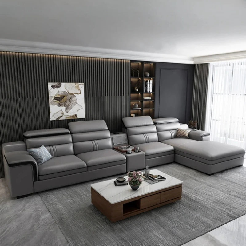 Smartes Leder-Ecksofa aus Rindsleder mit kabellosem Laden & Audio – Modernes Designer Sofa mit Massagefunktion und Stauraum