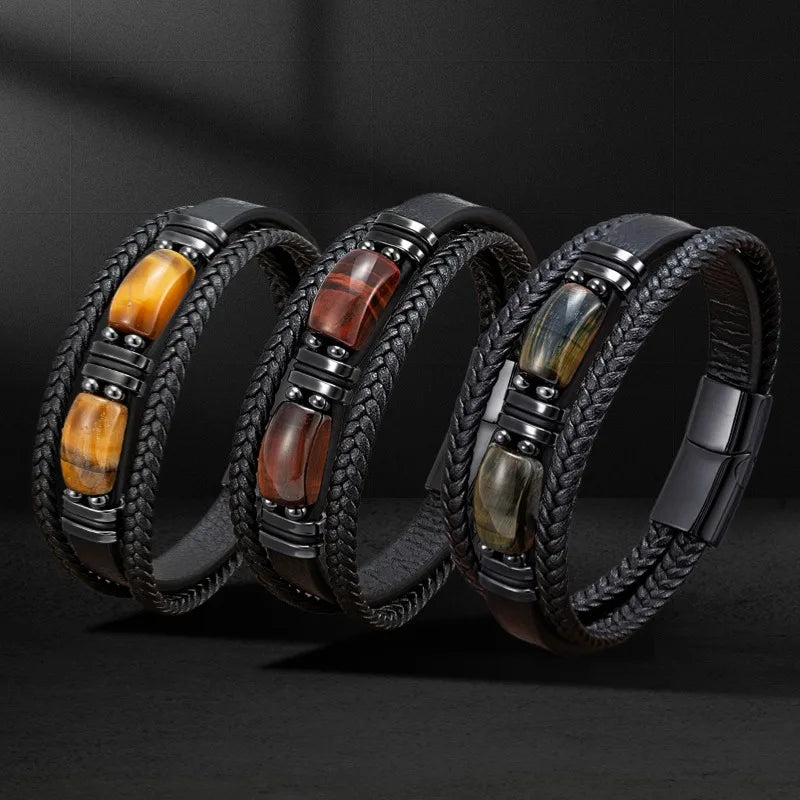 Handgefertigtes Naturstein Lederarmband – Boho Perlenarmband mit Magnetverschluss, verstellbares Unisex Armband für Damen & Herren (Großbestellung)