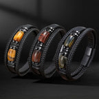 Handgefertigtes Naturstein Lederarmband – Boho Perlenarmband mit Magnetverschluss, verstellbares Unisex Armband für Damen & Herren (Großbestellung)