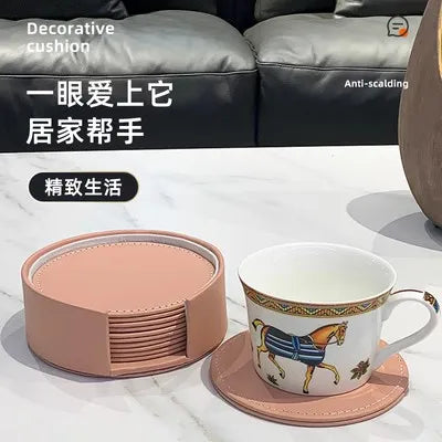 Aixiangru Set aus 6 schwarzen Leder-Untersetzern mit Halter – Elegante Getränkeunterlagen für Gläser & Tassen | Küchen- & Wohnaccessoires