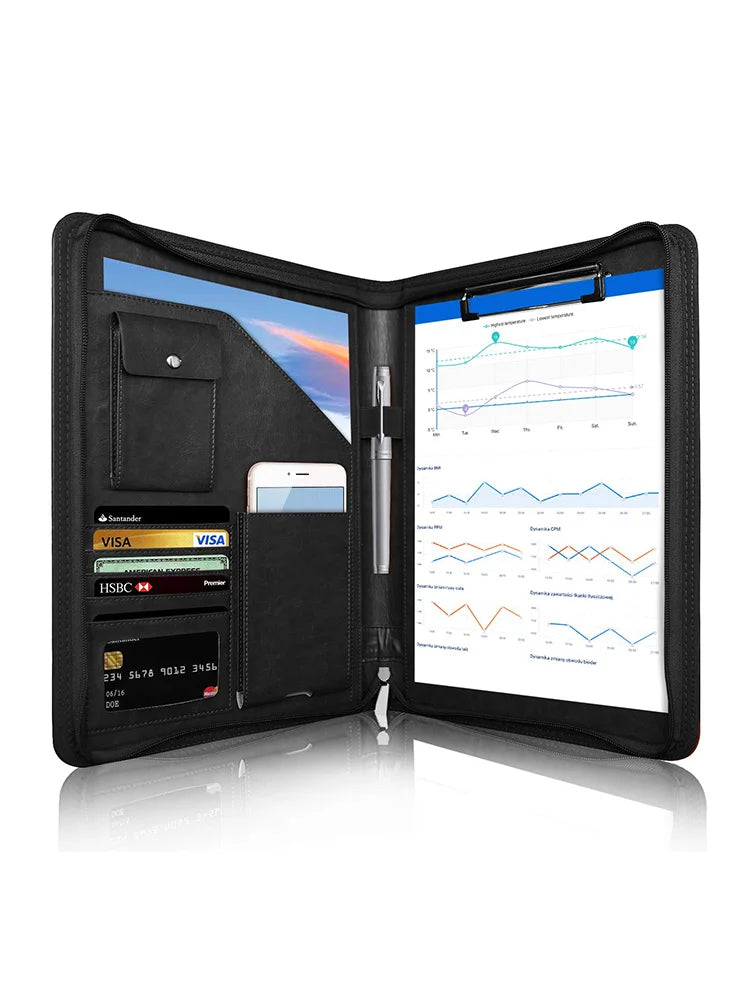 Multifunktionale A4 Konferenzmappe aus PU Leder – Business Dokumentenmappe mit Reißverschluss & Organizer