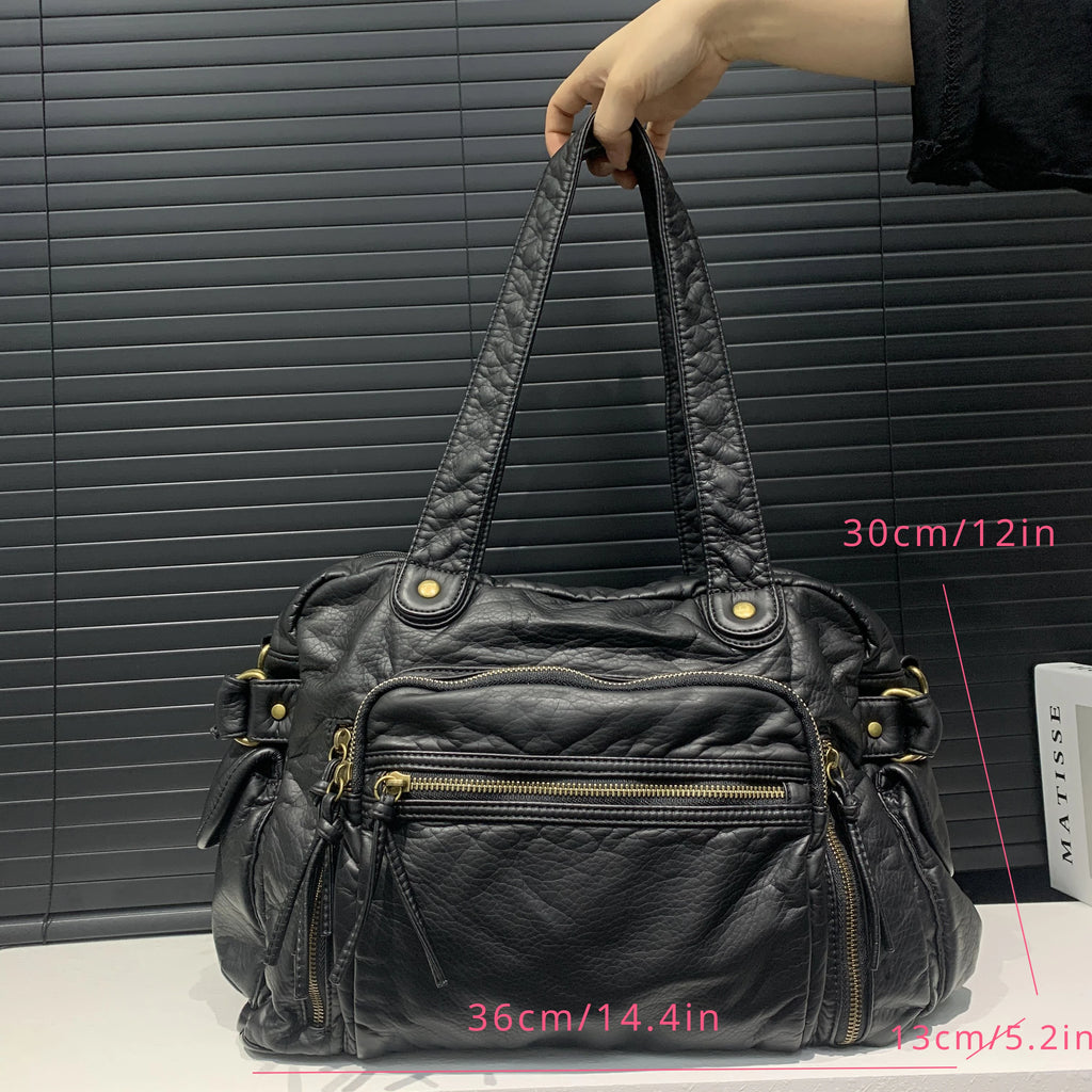 Sac fourre-tout rétro pour femme en cuir PU blanc – Grande pochette punk Y2K et bandoulière avec multi-poches