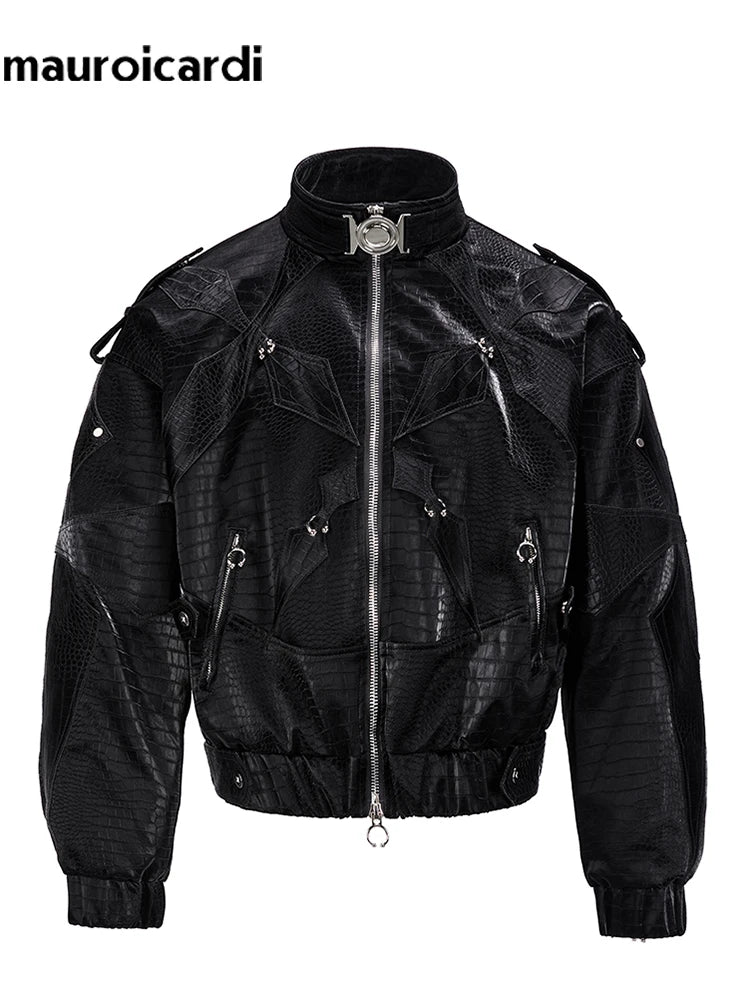 Mauroicardi Herren PU Lederjacke Schwarz – Kurze, glänzende Bikerjacke mit Krokodil-Prägung im Luxury Y2K Streetwear Style