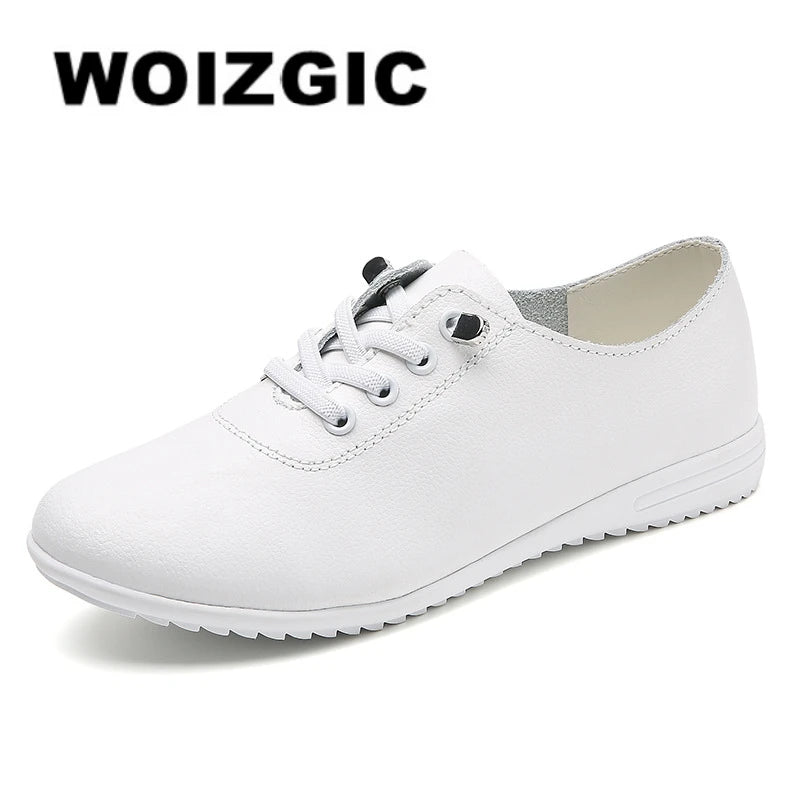 WOIZGIC Damen Flats – Slip-On Loafers aus echtem Rindsleder, runde Zehen, bequeme Mokassins, wasserfest, große Größen 34-46