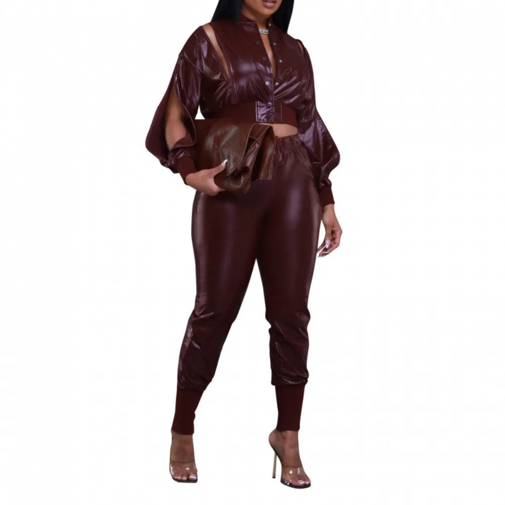 HIGH STREET Damen Leder Zweiteiler – Slim Fit Jacke mit Revers & Knöpfen, High Waist Pencil Hose im Patchwork Design