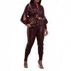 HIGH STREET Damen Leder Zweiteiler – Slim Fit Jacke mit Revers & Knöpfen, High Waist Pencil Hose im Patchwork Design