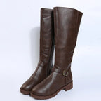 Vintage Damen Kniehohe Stiefel in Braun – Warme PU-Leder Langstiefel mit Reißverschluss, Plateau & Blockabsatz (Große Größen)