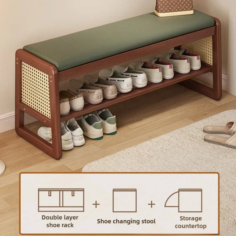 Geflochtener Schuhwechselhocker aus Massivholz – Sitzbarer Schuhhocker mit mehrlagigem Stauraum für Flur & Eingangsbereich