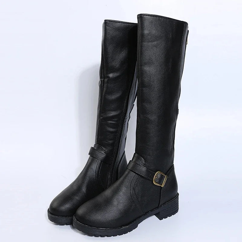 Vintage Damen Kniehohe Stiefel in Braun – Warme PU-Leder Langstiefel mit Reißverschluss, Plateau & Blockabsatz (Große Größen)