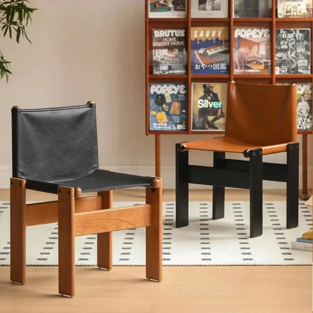 Japanischer Retro Esszimmerstuhl aus Massivholz & Leder – Antiker Designer Armlehnenstuhl im Light-Luxury-Stil für Küche & Café