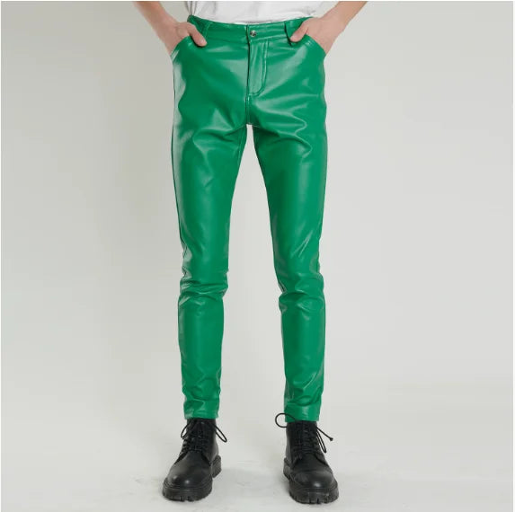 Herren Moto Skinny PU Lederhose – Elastische Kunstlederhose in Schwarz, Gold & Weiß, dünne Biker-Hose für Party & Streetwear (Gr. 28–40)