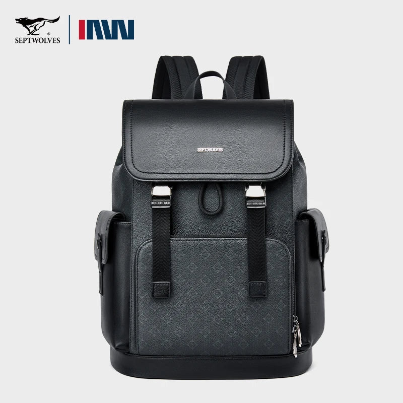 SEPTWOLVES Business Leder Rucksack Herren – Stylischer Monogramm Laptop Rucksack mit Klappe & Kordelzug für Arbeit & Pendeln