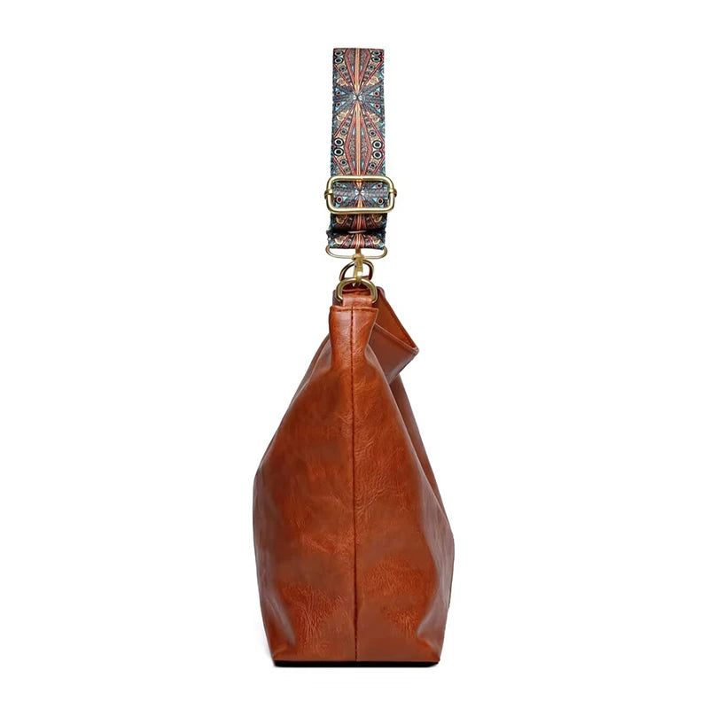 Unisex PU Tote Bag – Lässige Schultertasche mit Ethno-Riemen für Reisen & Fotografie