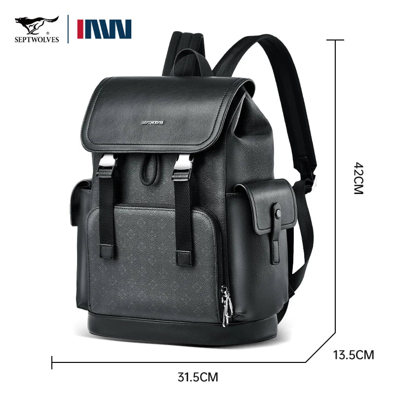 SEPTWOLVES Business Leder Rucksack Herren – Stylischer Monogramm Laptop Rucksack mit Klappe & Kordelzug für Arbeit & Pendeln