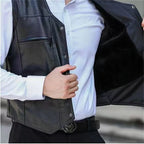 Herren Motorrad Weste aus PU-Leder – Warme Winter Lederweste mit Fleece-Futter, V-Ausschnitt & Knopfleiste, ärmellos