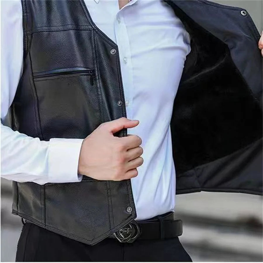 Herren Motorrad Weste aus PU-Leder – Warme Winter Lederweste mit Fleece-Futter, V-Ausschnitt & Knopfleiste, ärmellos