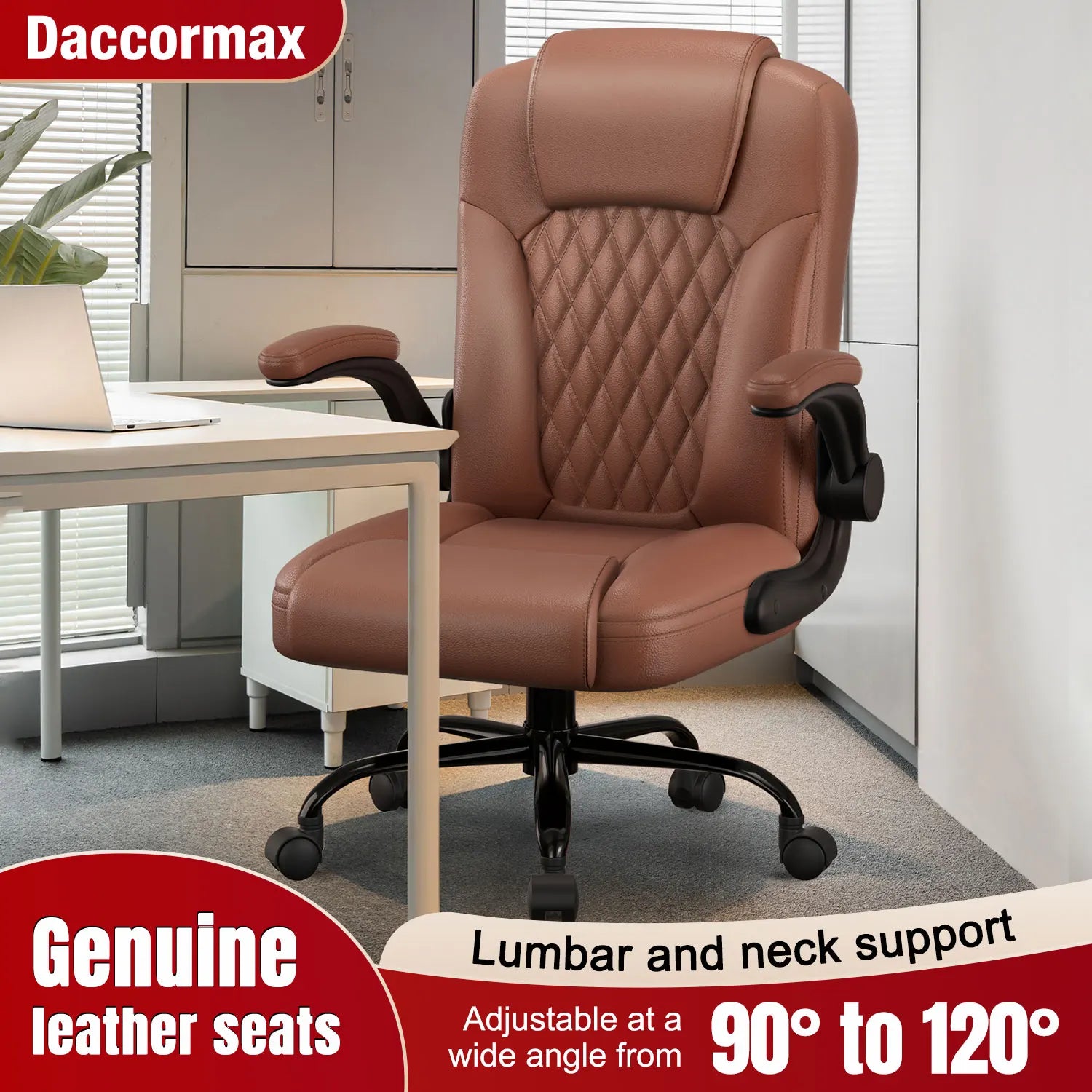 Daccormax Multifunctional Office Chair, Premium Leather Executive Chair, Comfortable Headrest and Armrests, Breathable Backrest.