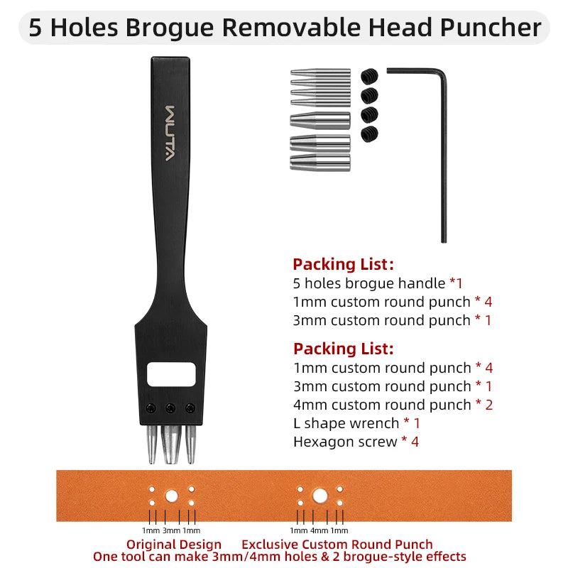 WUTA Austauschbare Brogue Lederlochstanze aus Edelstahl – Blumen- & Rundloch-Punch für Schuhe, Gürtel & Uhrenarmbänder