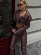 High Street Damen 2-Teiler aus Kunstleder – Zip Cardigan mit freiem Bauch & High-Waist Hose, elastisch, Herbst/Winter Trend-Outfit