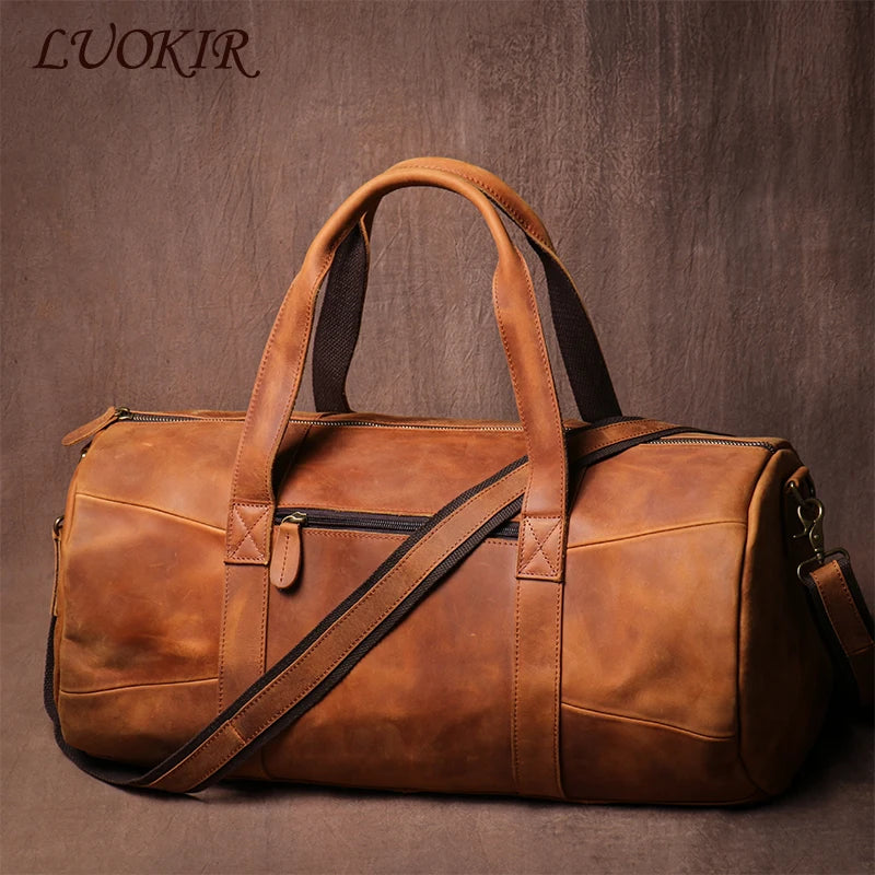 LUOKIR Luxus Leder Reisetasche aus echtem Rindsleder – Vintage Crazy Horse Duffle Bag für Herren, hochwertige Weekend- & Schultertasche