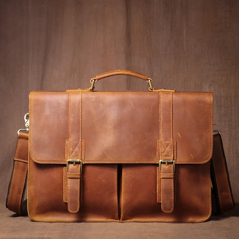LUOKIR Vintage Herren Aktentasche aus echtem Crazy-Horse-Leder – Luxus Leder Messenger & Laptoptasche für 14 Zoll, Business & Reisen