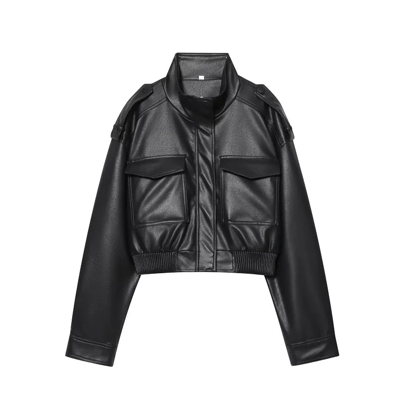 MUJER Damen Cropped PU Lederjacke – Kurze Bomberjacke mit Reißverschluss & Stehkragen, lässige Bikerjacke für jede Saison