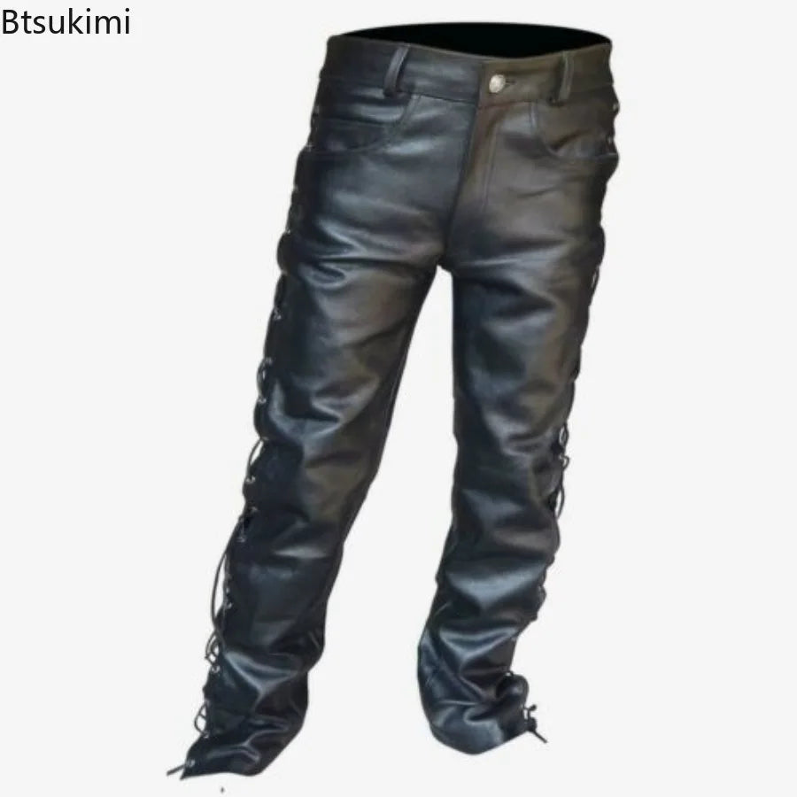 Pantalones de cuero Punk para hombre de PU: pantalones de motor negros con cierre seguro y cerradura para club, freizeit y estilo motero.