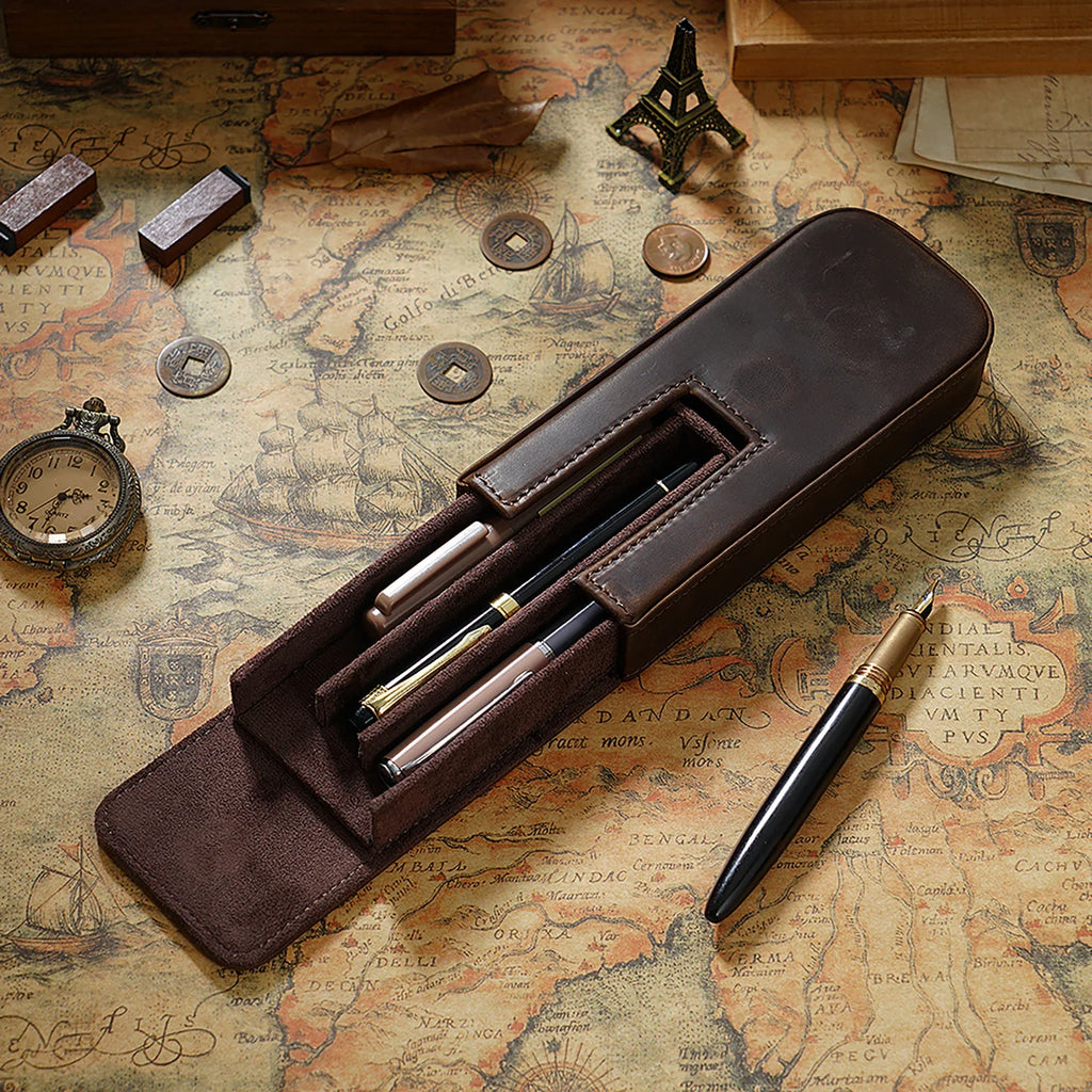 Étui à stylos en cuir véritable avec étui magnétique – Étui à stylos en cuir Crazy Horse pour 3 étuis avec étui à stylos
